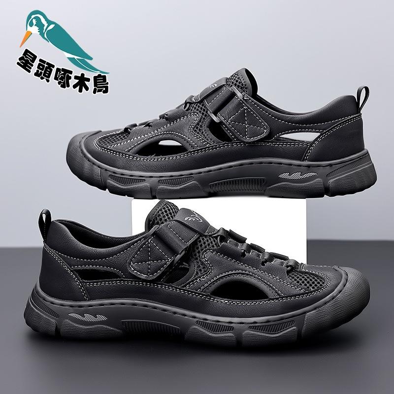 Sandals Men's Summer New Soft Leather Mesh Breathable Hole Shoes Outdoor Casual Wading Shoes Beach Shoes