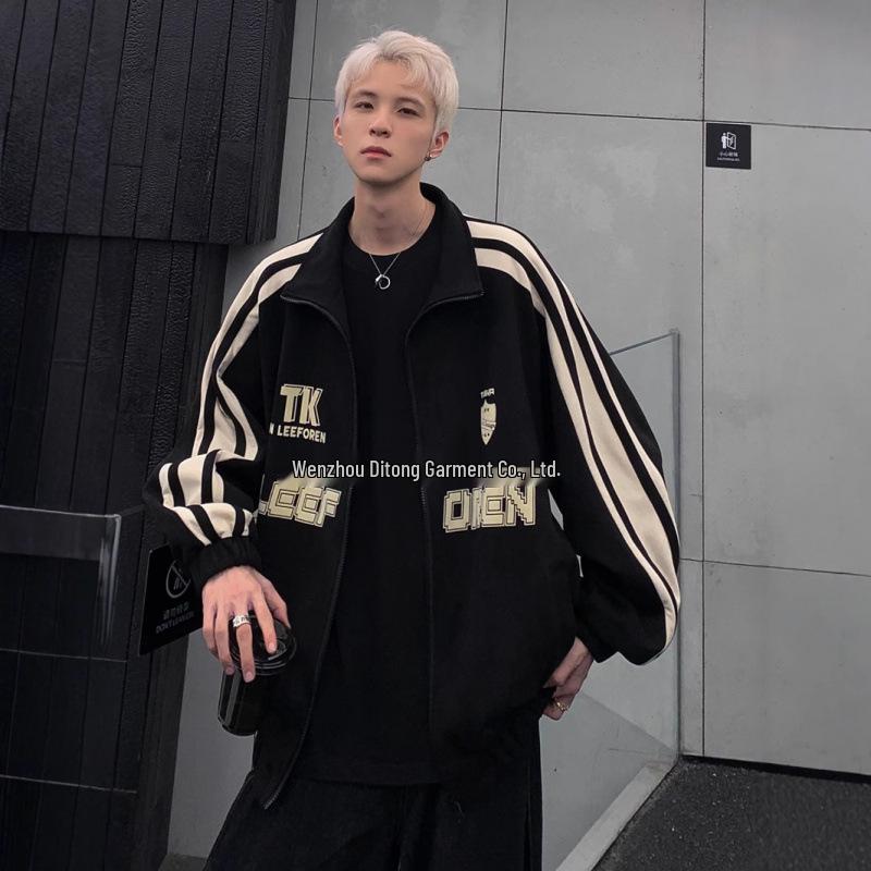 

Men s Side Stripe Baseball Jacket - 2024 Autumn/Winter American Suede Cool Sport Outerwear XL чорний