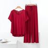 Summer Modal Homewear 2 Piece V-Neck Short Sleeve Tshirt and Wide Leg Pant Ankle Length Loose Sleepwear Set Comfort Pajama Sets