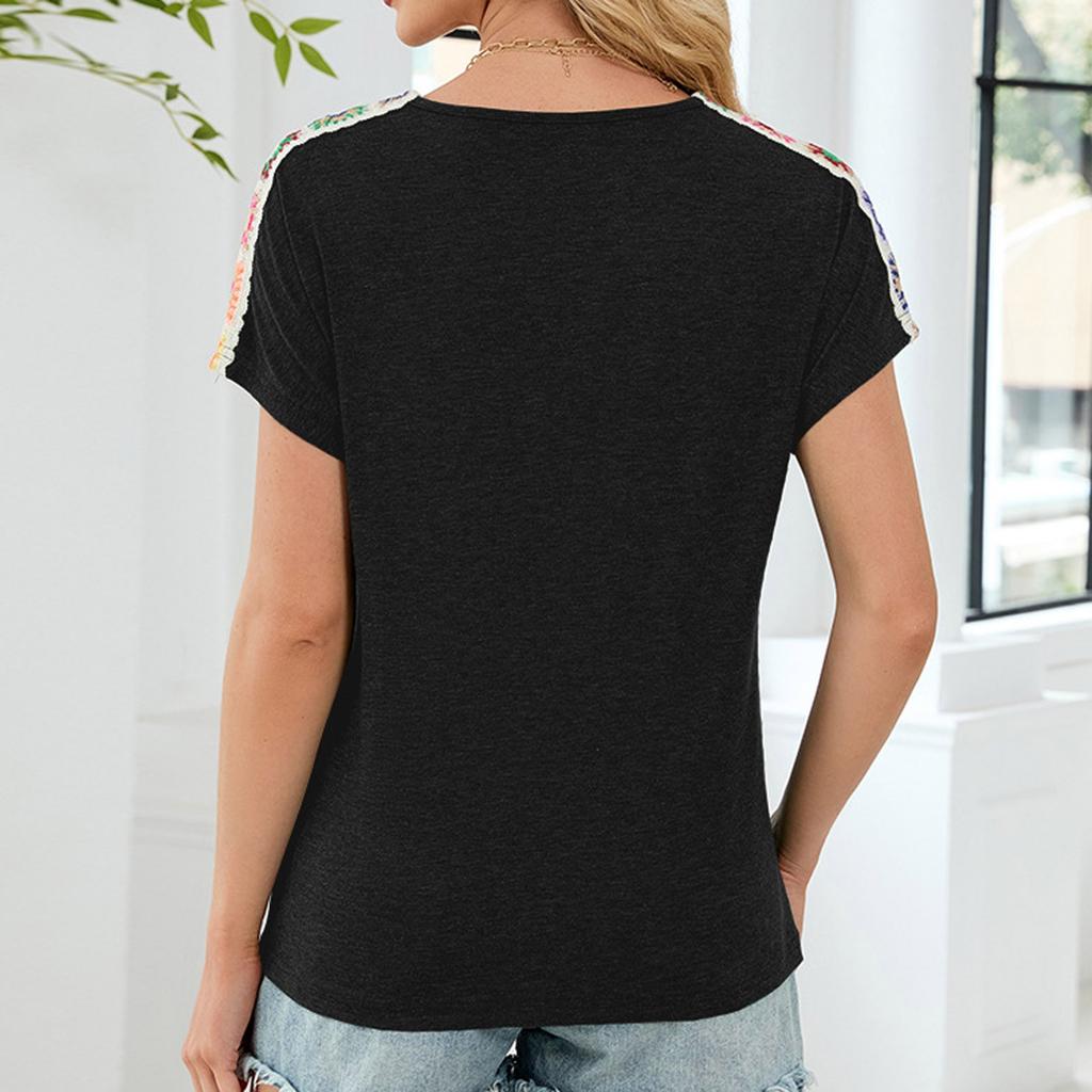 Women's Loose Casual Solid Color Short Sleeved V-Neck Patchwork Lace Short Sleeved Top