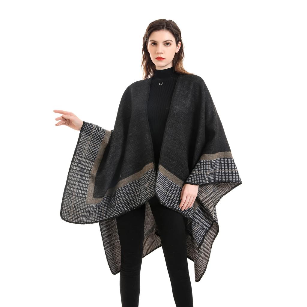 YAYUPLUS Women's Large Poncho/Polero/Shawl Top, Autumn/Winter Knit Cape Coat, Check Pattern, Winter Wear, Stylish Casual Outerwear (Black/Khaki)