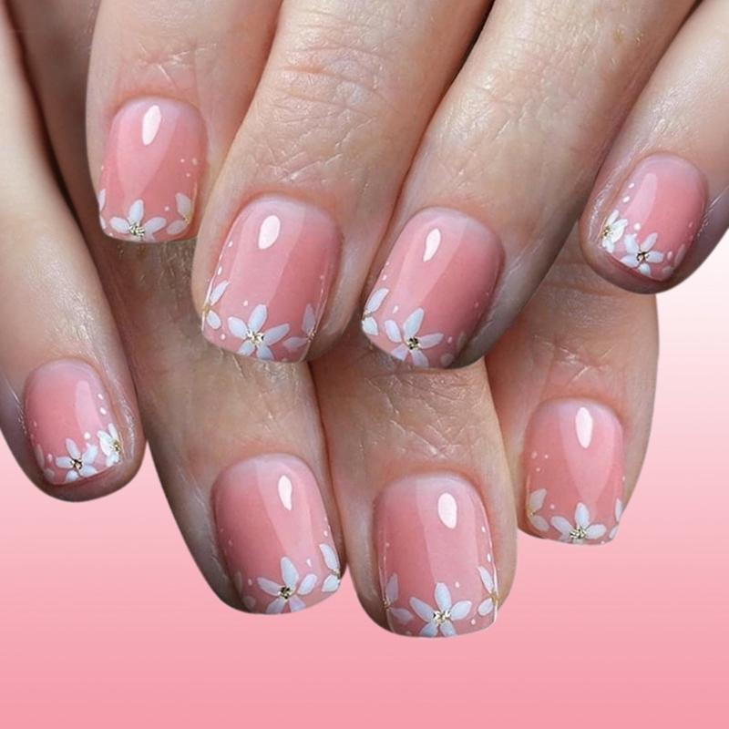 

24 шт. Пластиковые накладные ногти Короткие Квадратные Цветочный узор с блестками Легко наносятся Для различных случаев 1