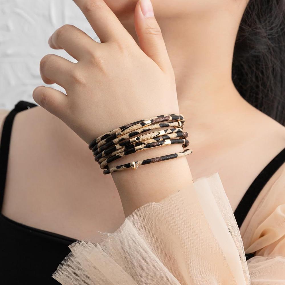 Charm MultiLayer Bangles Bohemian Style Magnetic Bracelet Leopard Leather Bracelets  Girls