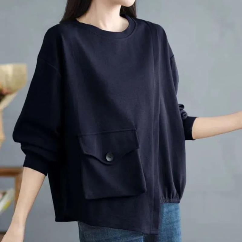 Pullovers Women Long Sleeves Autumn Winter Cotton Blouse Oversized Comfortable Stretch Solid Color Round Neck Loose Tops