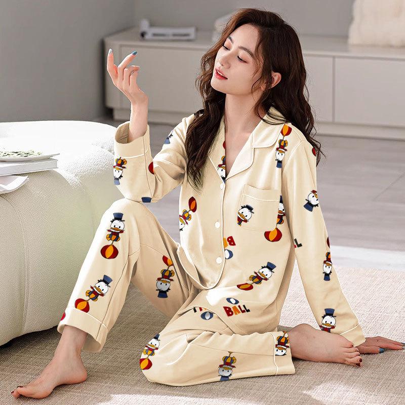 Spring And Autumn Pajamas Women'S Cardigan Long-Sleeved Trousers Korean Girls' Simple Cartoon Loungewear Suit Can Be Worn Outside