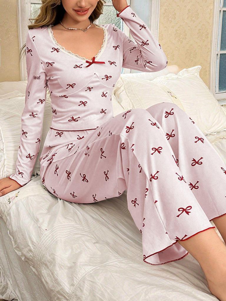 Women's European Style Bowknot Pajama Set - Long Sleeve Top & Elastic Long Pants, Printed, Casual, and Sexy for Indoors or Outdoors.