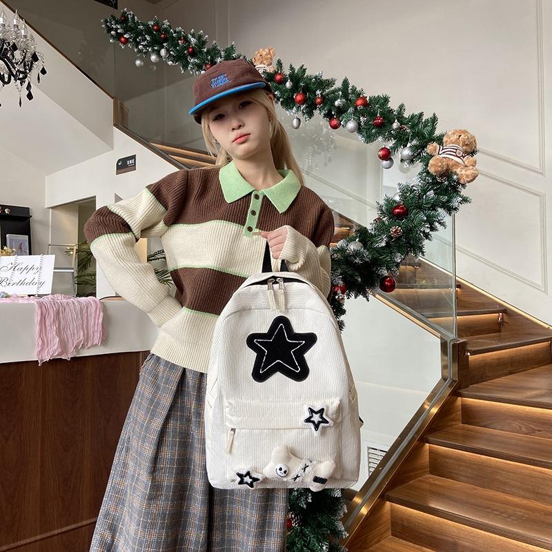 Star primary school student schoolbag female corduroy large capacity college style backpack leisure travel backpack
