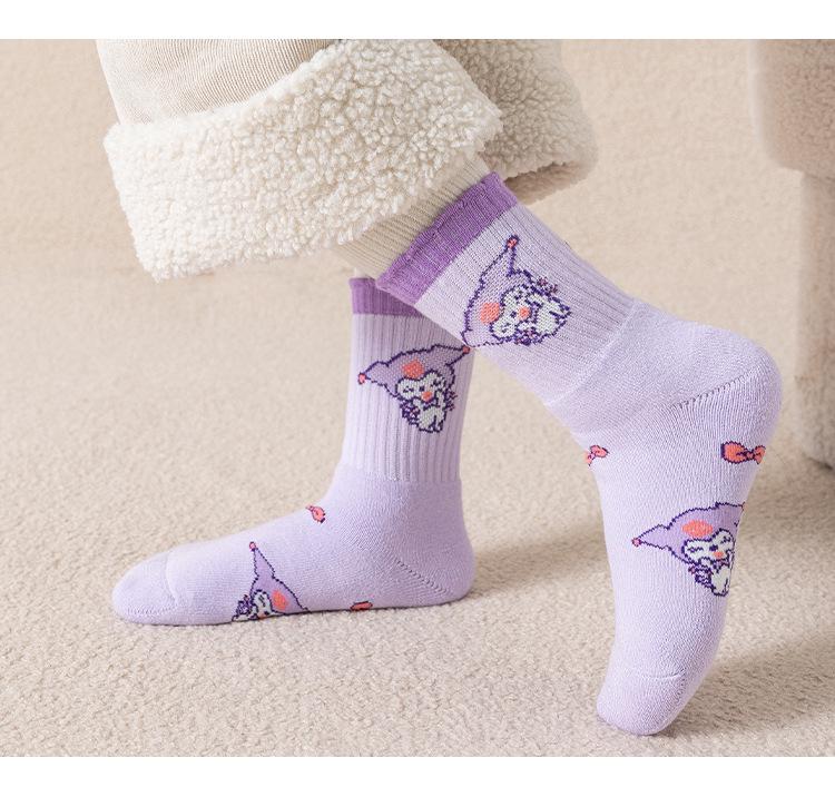 Kuromi Girls' Thick Winter Cotton Socks - Plus Velvet, Warm Terry for Autumn & Winter