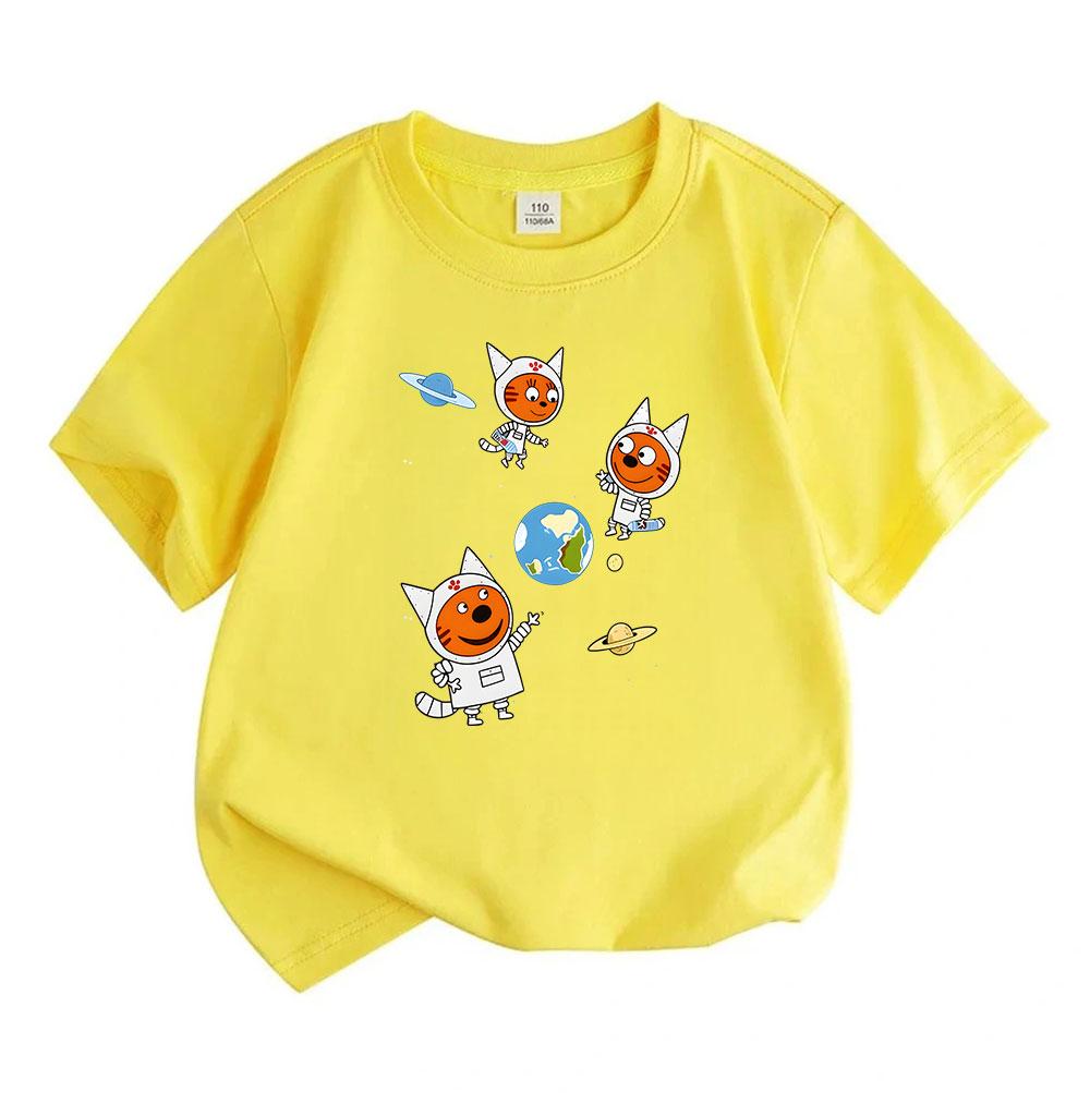 Kids Boys Girls 100% Cotton Crew Neck Short Sleeve T-Shirt, Cute Space Astronaut Cat Print Casual Breathable Tee for Children Daily Wear Outdoor Activ