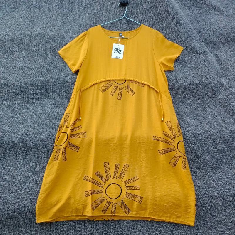 

Экспорт Мода Летнее Тонкое Свободное Платье Большого Размера Мода Подсолнух Принт Пуловер Круглый Вырез Ледяной Лен Платье для Женщин White All yards