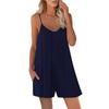 Women's V Neck Spaghetti Strap Solid Color Loose Fit Straight Leg Rompers Cute Fresh Casual Short Jumpsuit With Pockets