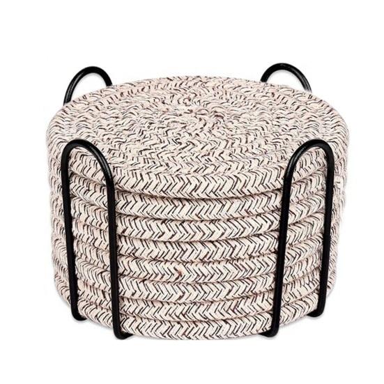 Yousheng 8Pcs Cotton Woven Coasters for Drinks, Absorbent Coasters Set with Holder, Wear-Resistant Insulating Heat-Resistant Coasters for Cups Teapots