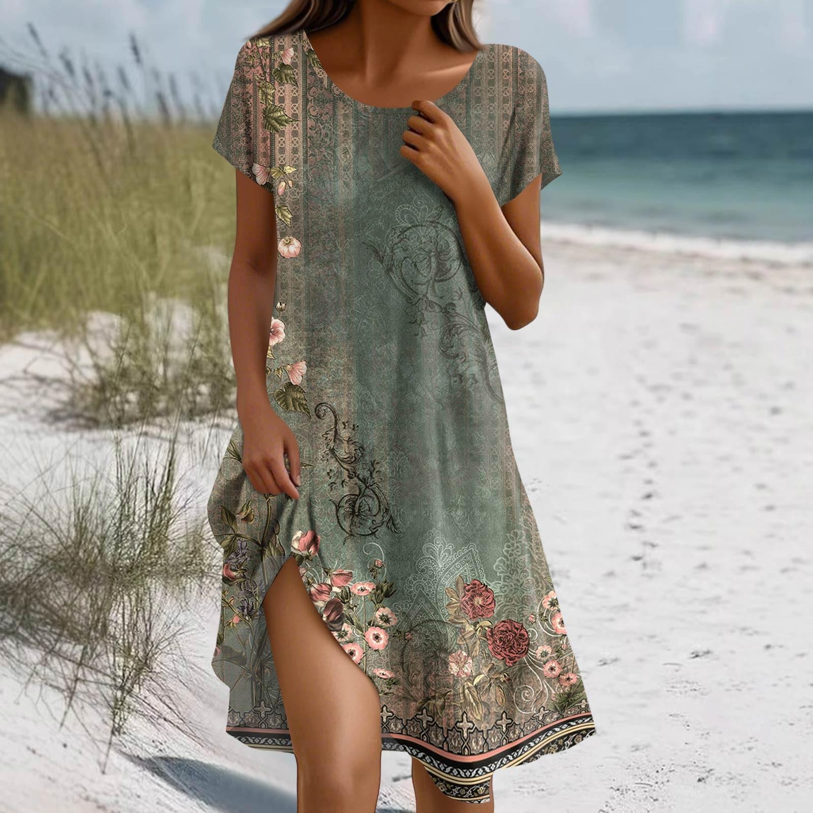 

Платье в стиле бохо с коротким рукавом для женщин, повседневное, свободного кроя, летнее, сарафан с цветочным принтом и карманами XL