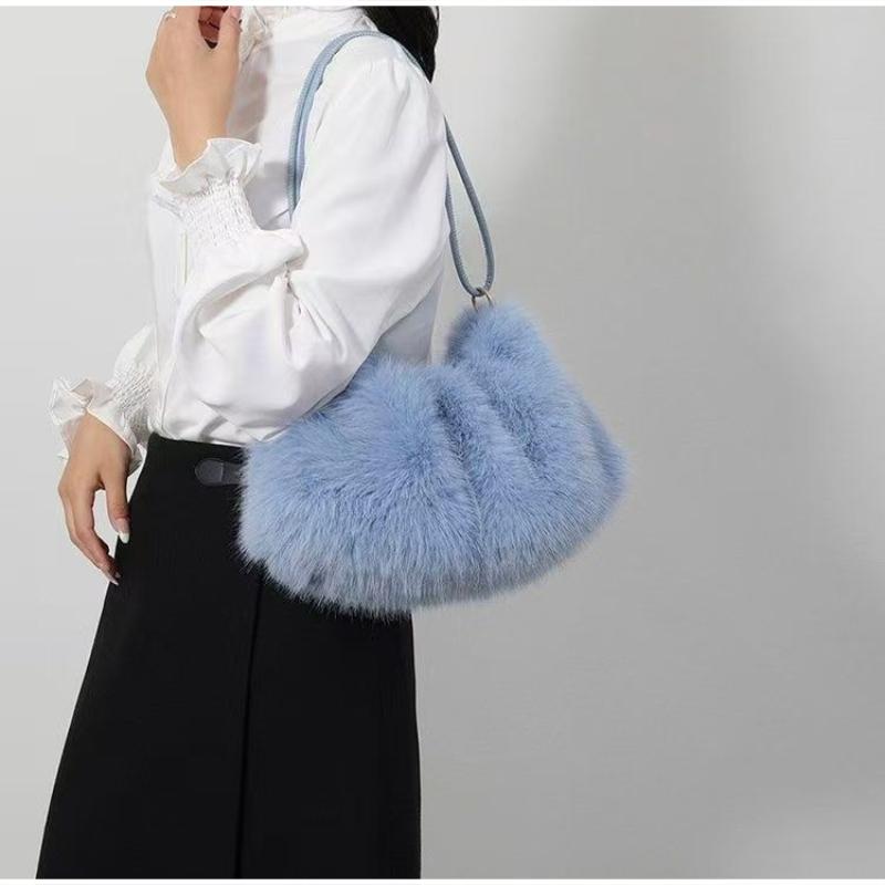 Fluffy Faux Fur Shoulder Bag Women Soft Elegant Underarm Bag Thin Shoulder Strap Plush Handbag Winter Versatile Commuter Totebag