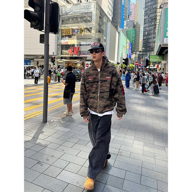 Unisex Retro Camouflage Hooded Cardigan Sweatshirt - Trendy Street Style Loose Fit Hoodie Jacket