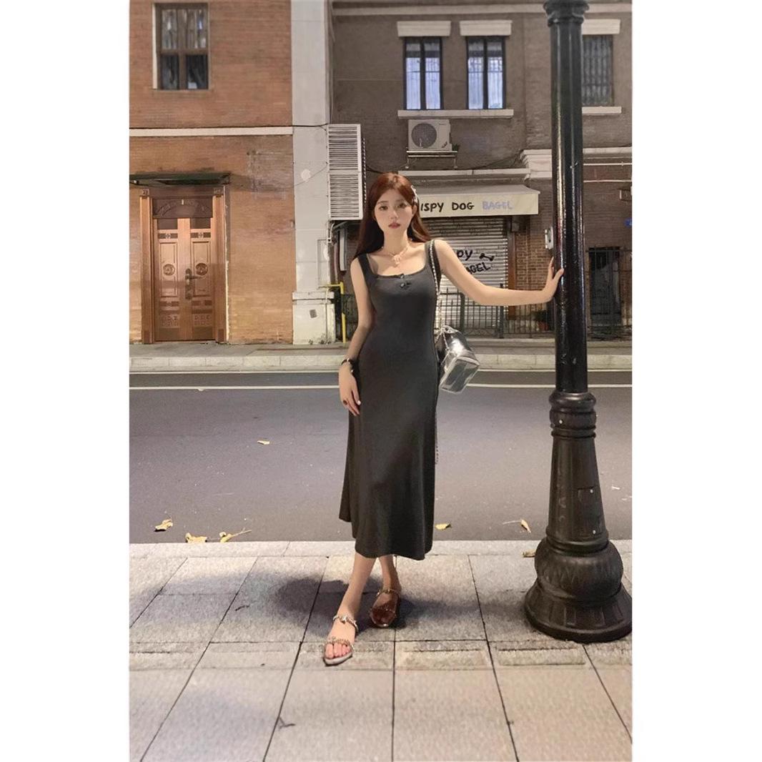

Women s Slimming Black Spaghetti Strap Mid-Length Vest Dress L