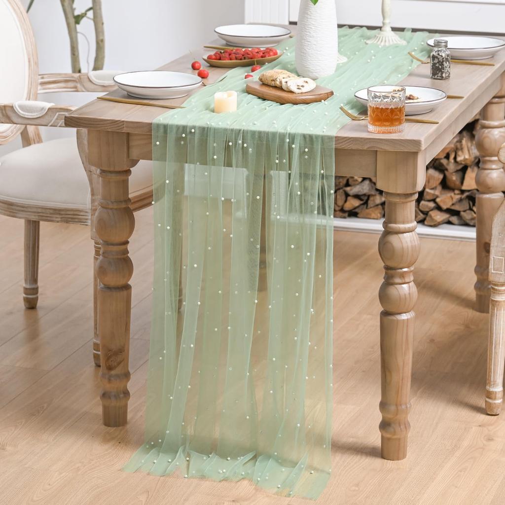 Light Green Table Runner Fabric Tulle Lace Tablecloth Rectangular Table Cover Bridal Veil for Christmas Wedding Birthday Party