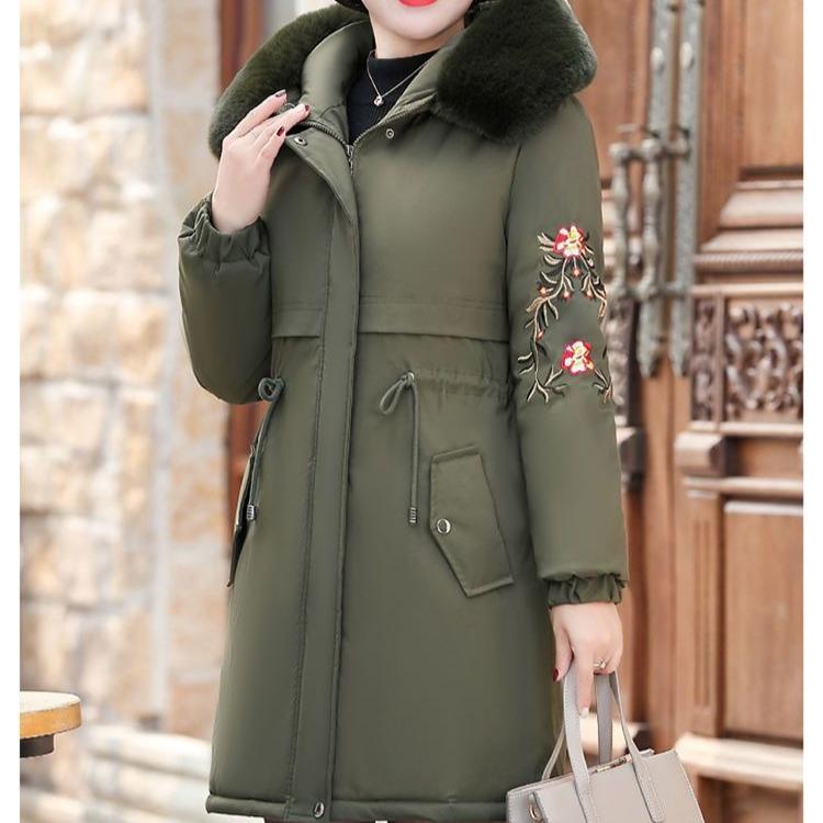 Women's Winter Fleece Padded Jacket Thick Warm Mid-Length Embroidered Hooded Padded Coat
