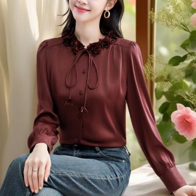 Camisa pequeña de moda, ligera, de lujo, de satén de alta gama, nueva camisa coreana con cordones para mujer.