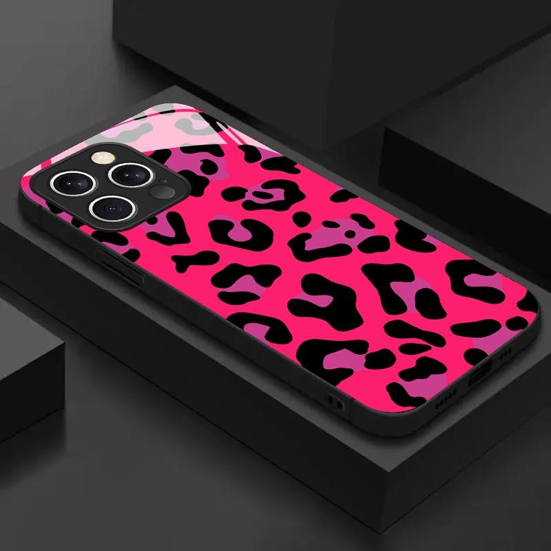 

New Pink Leopard Print Tempered Glass Phone Case For iPhone 17 16 15 14 Pro Max 13 12 11 Pro 16E 17Air 7 8 Plus XR XS X Cover iPhone17 Pro