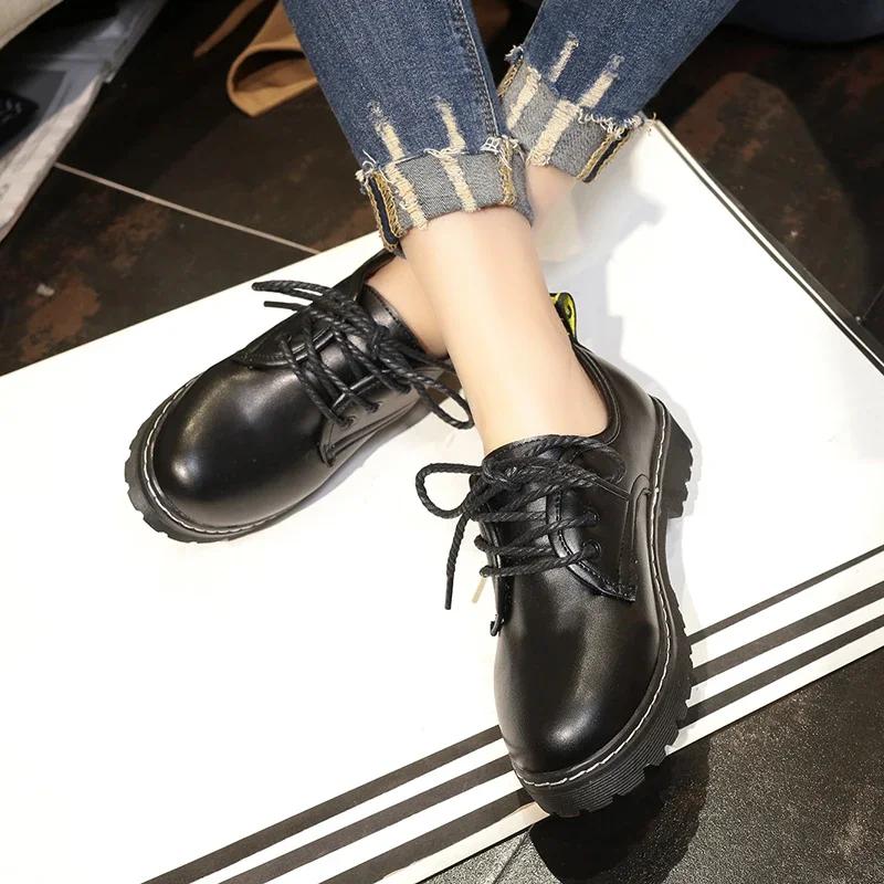 Black Classics Leather Platform Loafers Woman British Style Thick Heels Oxfords Shoes Women College Gothic Shoes Mujer