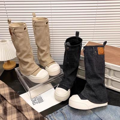 Thick-soled Stacking Boots, Locomotive Boots, Women's Summer and Autumn 2025 New Trouser Boots, Western Cowboy Cloth Cover Feet, Short Boots Tide