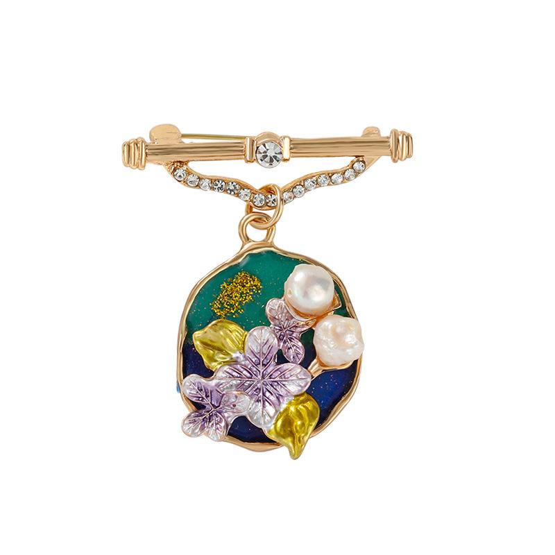 Oil painting brooch high-end fashion niche light luxury plant flower retro pendant pin brooch