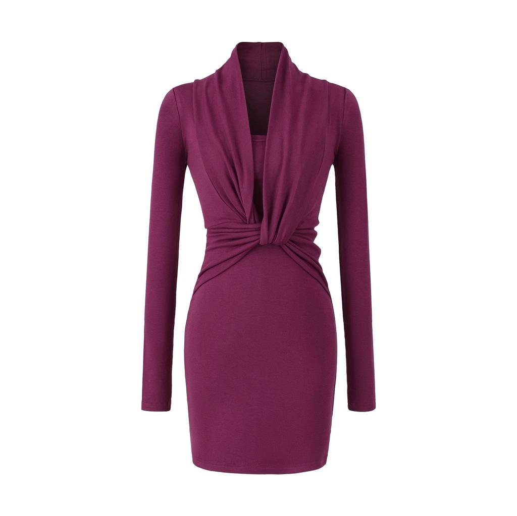 Elegant Women's Black V-Neck Long-Sleeved Slim-Fit Dress, Waist-Cinching and Hip-Hugging, Perfect for Autumn and Winter.