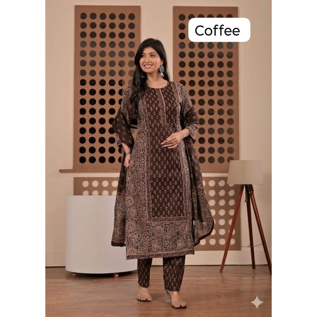 Heavy Cotton Women's Kurti Pant Dupatta Set Indian Designer Top Tunic Kurta Set
