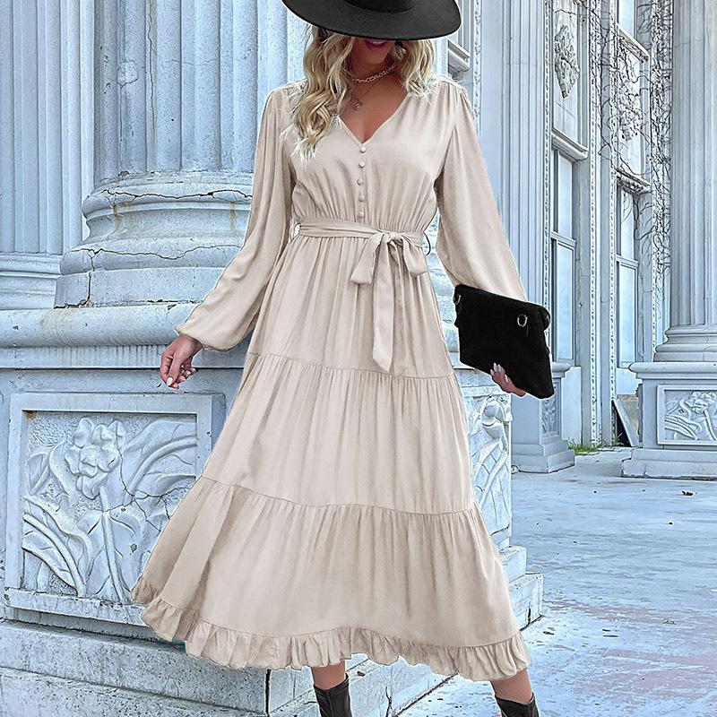 Chiffon Elegant Women Dress High Waist A-Line Long Sleeve V-Neck Knee Length Solid Autumn Winter