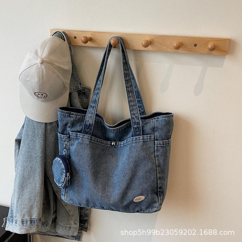 

Ретро повседневная джинсовая простая сумка-тоут, сумка через плечо, сумка под мышкой, однотонная, на каждый день, женская сумка, новая синий