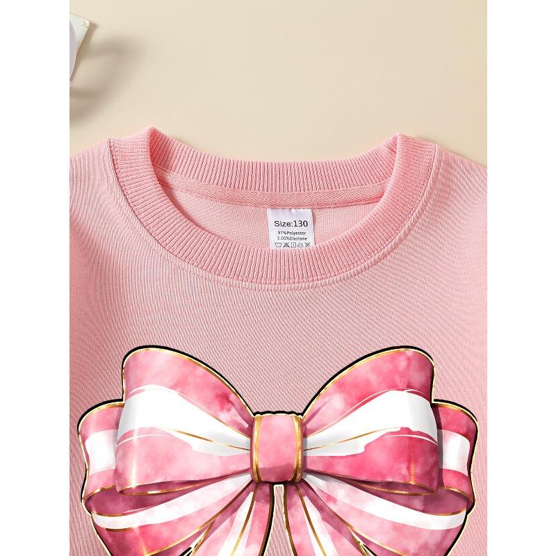 Girls' Crewneck Sweatshirt Pink And White Striped Bow with Golden Machine Washable, Spring And Autumn, Sportswear And Casual Wear