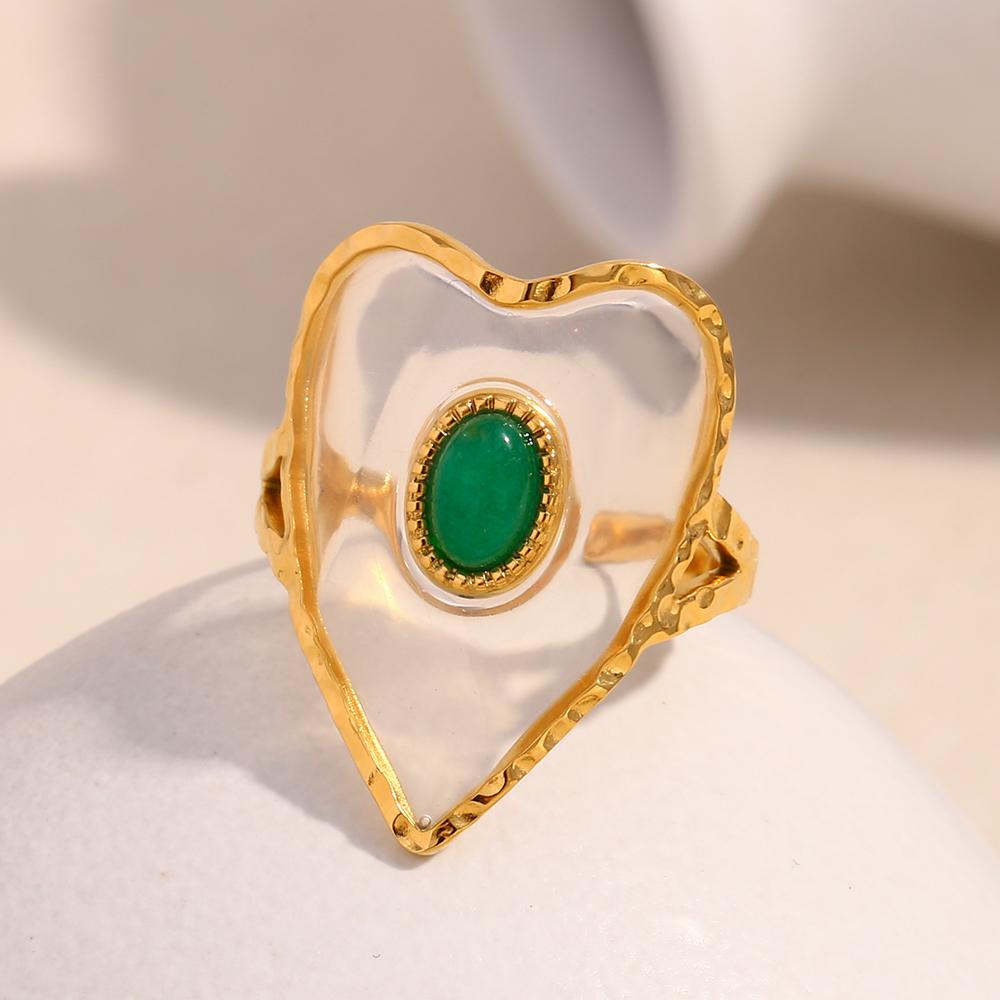 MamacitaSlay Unique 18K Gold Plated Stainless Steel Natural Stone Opening Ring Waterproof Jewelry Women's Retro Elegant Jewelry