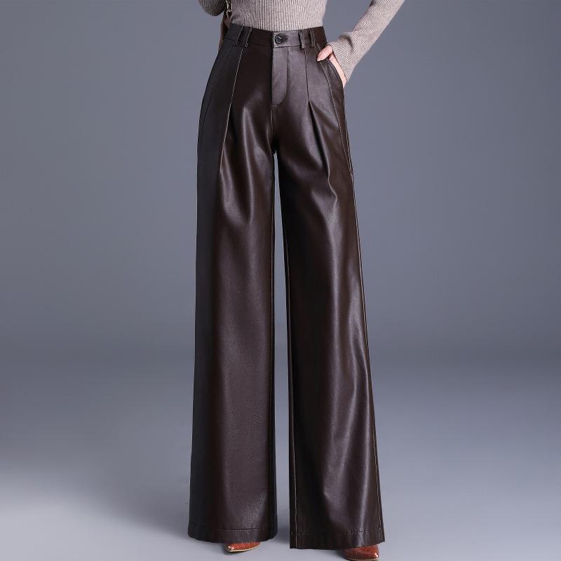 

2025 Haining Women s High-Waist Genuine Sheepskin Leather Wide-Leg Pants 3XL кофейный