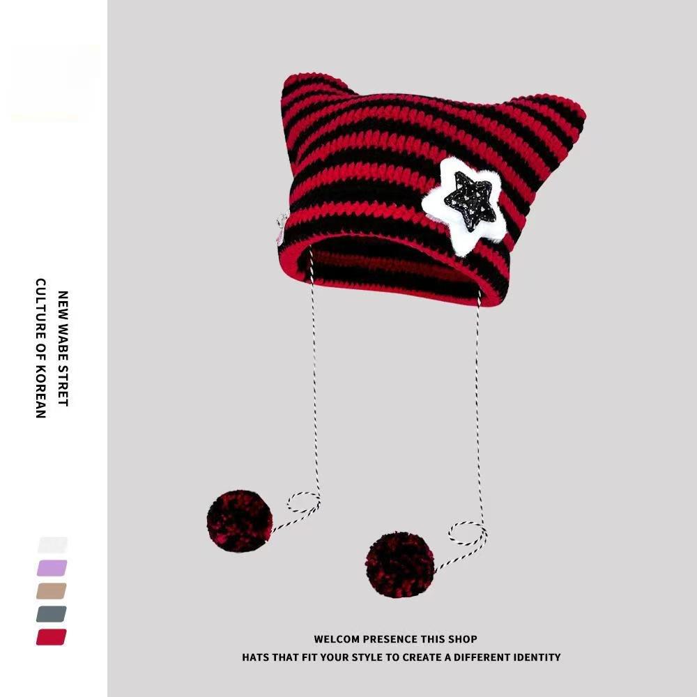1pc Cute Cat Ears Beanie Hat For Women Winter Striped Korean Punk Gothic Y2K Wool Knitted Streetwear Handmade Crochet Bucket Cap