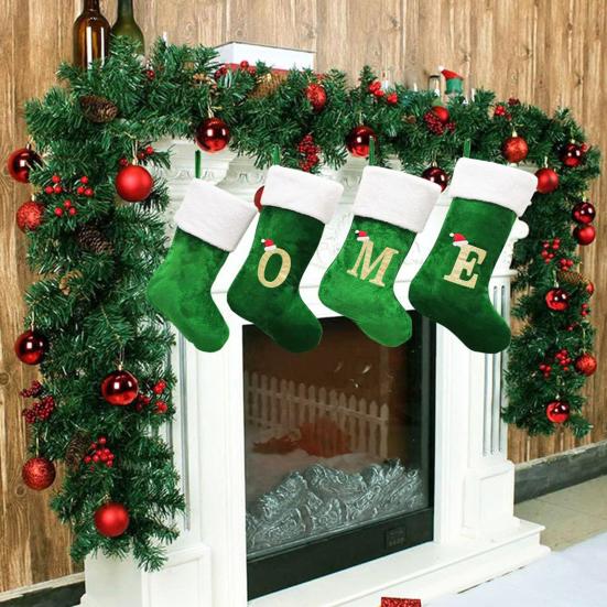 

1Pc Christmas Green Stocking Golden Letter Plush Top Large Handmade Reusable Xmas Tree Hanging Gift Bag Sock Pendant Holiday Party Decoration Festival D
