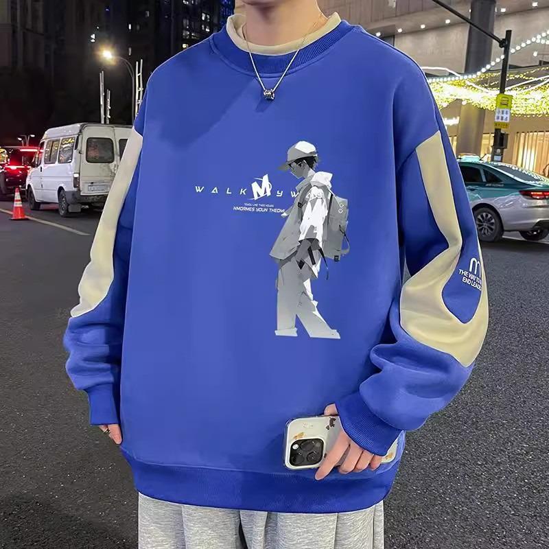 Men’s Trendy Colorblock Patchwork Hoodie – Spring/Autumn, Loose Fit, Plus Size, Round Neck, Long Sleeve Printed Top