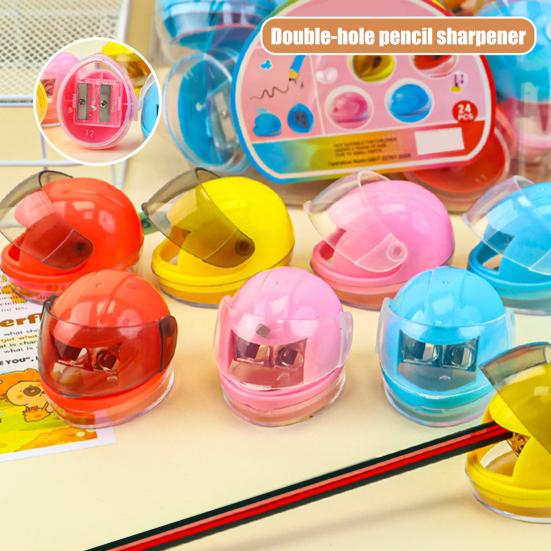 12Pcs Pencil Sharpener with Stainless Steel Blade Double Hole Pencil Sharpener for Thick Thin Pencils Creative Helmet Shape Fun Stationery Sharpener