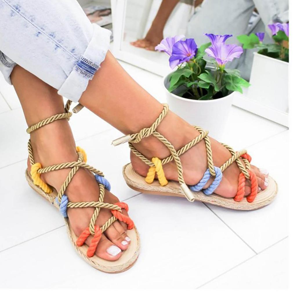 Women's Casual Flat Hemp Rope Lace-up Color Matching Large Size Roman Sandals