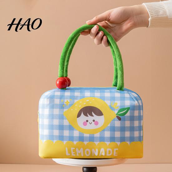 Kawaii Cherry Pattern Lunch Bag Insulated with Reinforced Handle, Cartoon Print, Portable for School Girls Large Capacity Food Storage Organizer