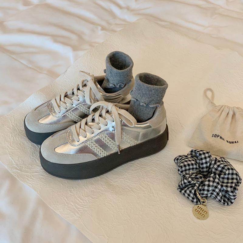 

[] Version 2.0~ Gray lace edge heightened platform casual women s board shoes 35 серебряный