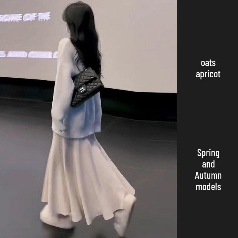 Women's High-Waist Gray Fishtail A-line Skirt – Elegant, Slimming Elastic Waist for Spring/Autumn