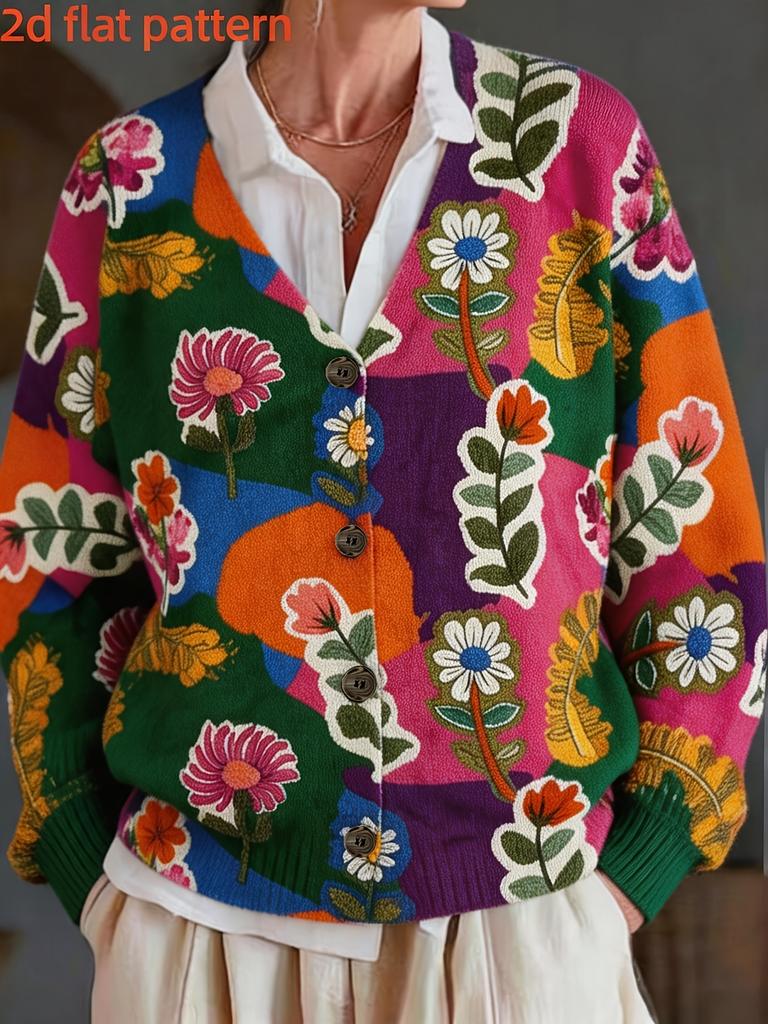Autumn and Winter Fashionable and Versatile V-neck Long-sleeved Cardigan Women's Tops Floral Pattern Women's Sweater Jacket