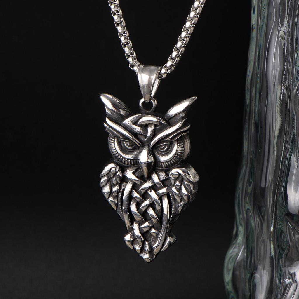 Men's Retro Owl Pendant Necklace with Distressed Woven Pattern and Stainless Steel Chain