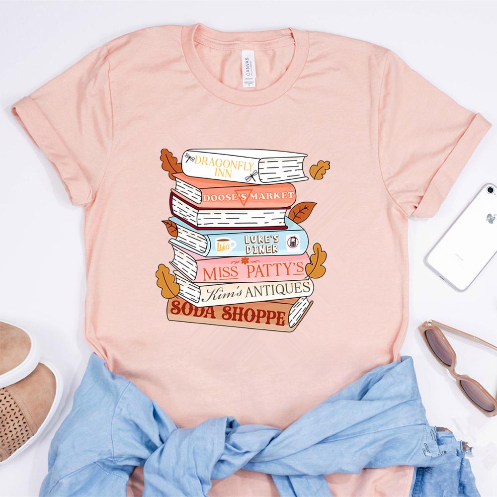 Fall Book Stack T-shirt Stars Hollow Girls Shirt Autumn Fall Season Shirts Tv Show Short Sleeves Top Bookish Gift