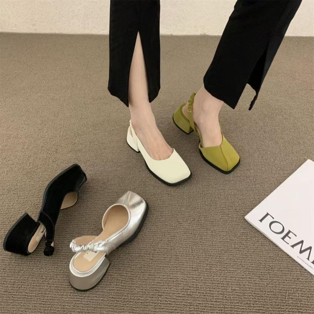 Summer skirt square head shallow mouth single shoes French thick heel bag head sandals fairy shoes new