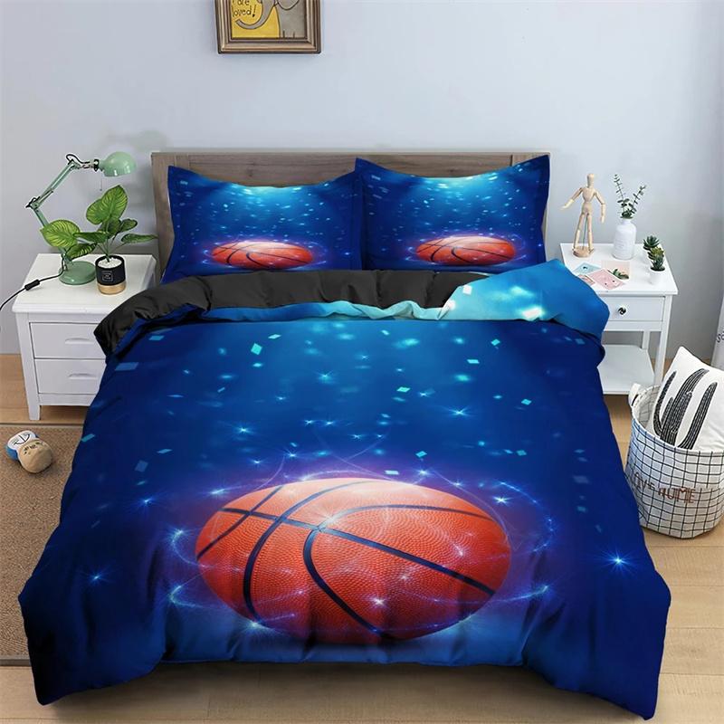 Basketball Duvet Cover Set Black 3D Ball Sports Theme Bedding Set Microfiber Basketball Court Competitive Games King Quilt Cover