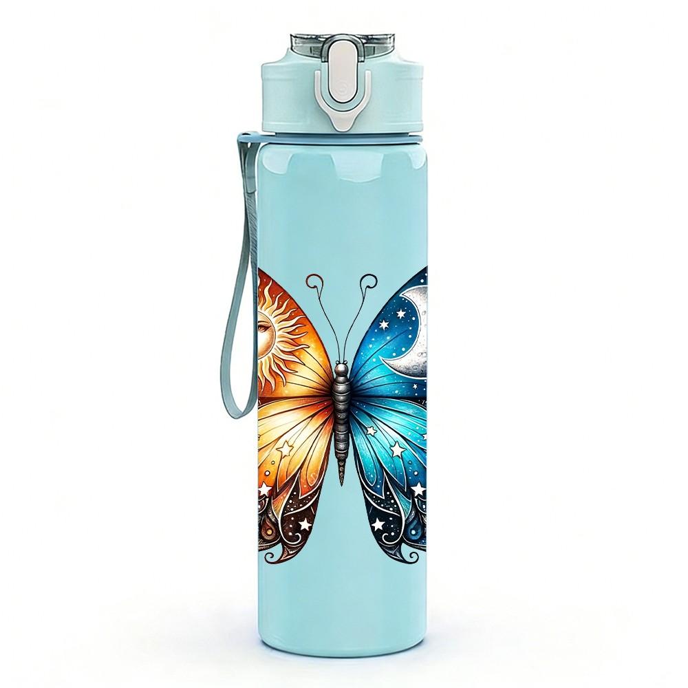 1PC Bright Color Butterfly Wing Print 750ml Color Plastic Sports Water Bottle Leakproof Flip Straw Lid Suitable for Sports Office Home Use