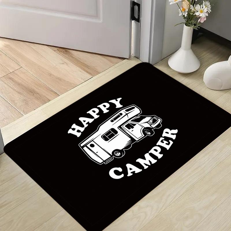 Charming Happy Camper RV Themed Area Rug Stylish Vintage Travel Trailer Print Floor Mat for Living Room Bedroom Camping Decor