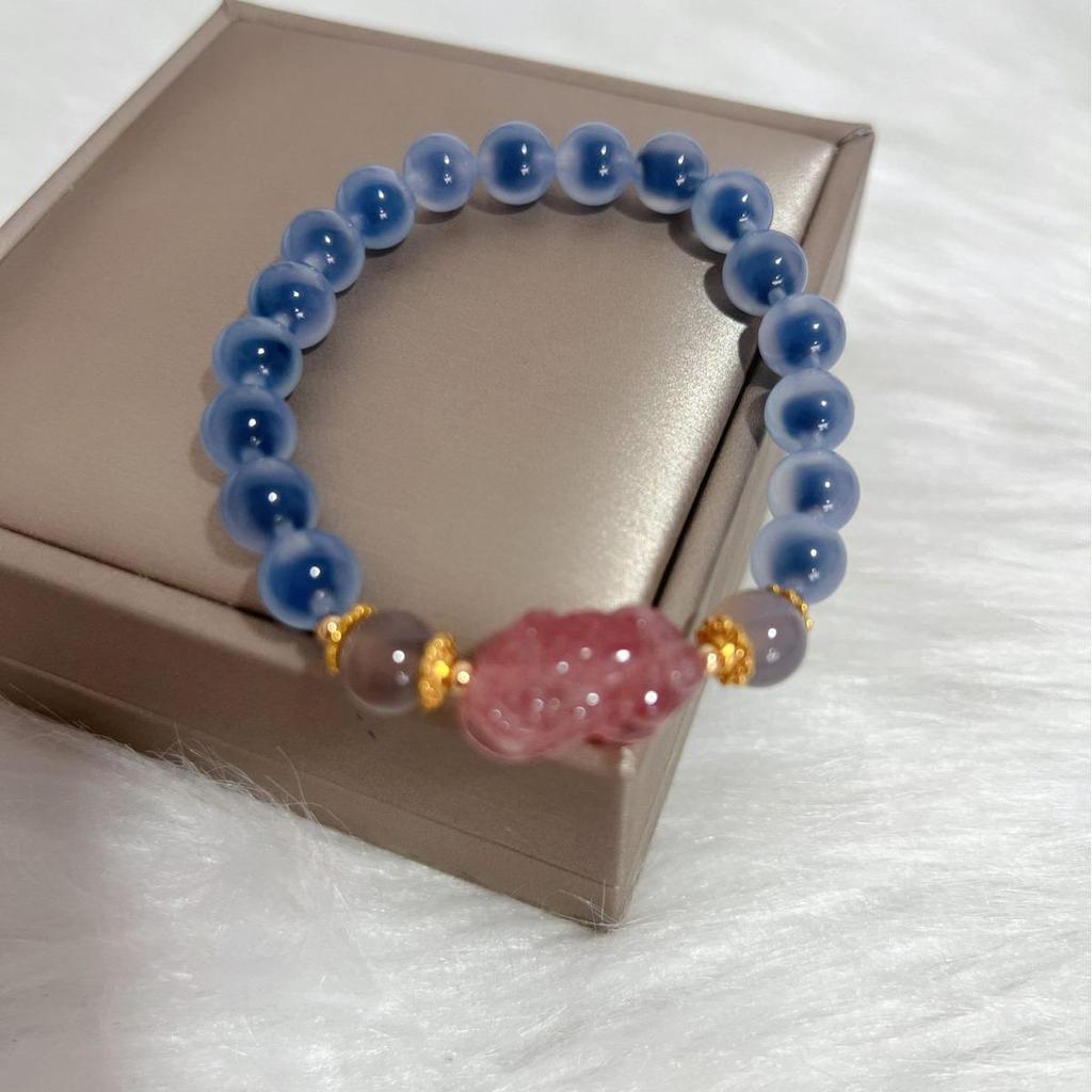Women's Light Luxury Blue Sugar Agate & Strawberry Crystal Pixiu Bracelet - Love-Attracting Gift for Bestie